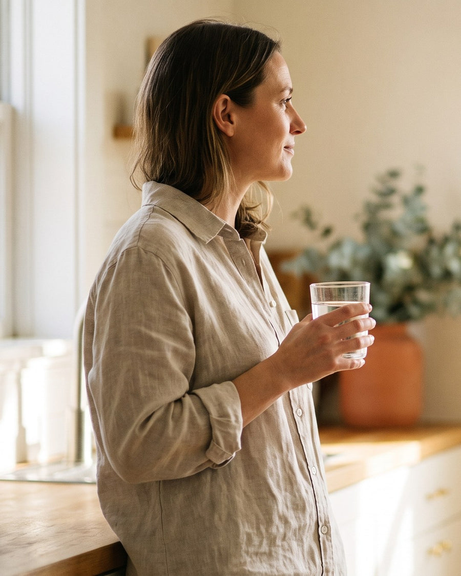 Woman holding a glass of water in a bright kitchen