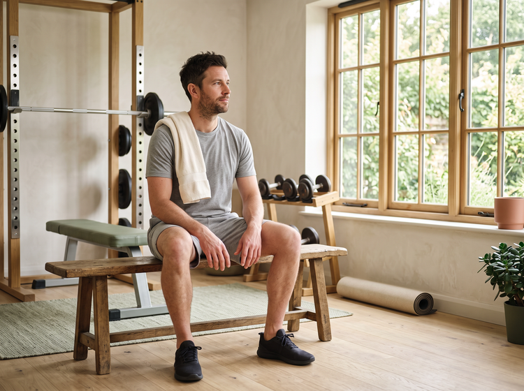 Man resting between sets in a bright home gym