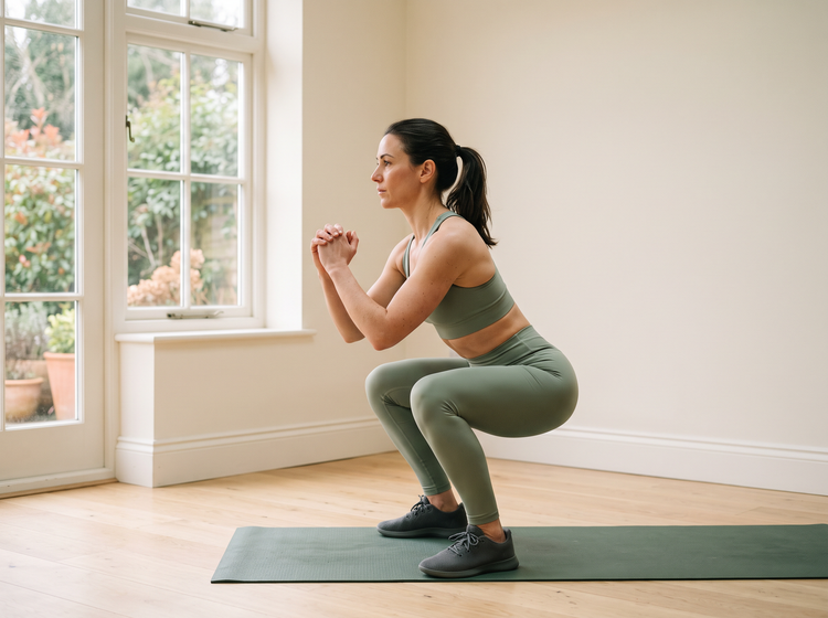 Woman performing a controlled bodyweight squat in a bright room