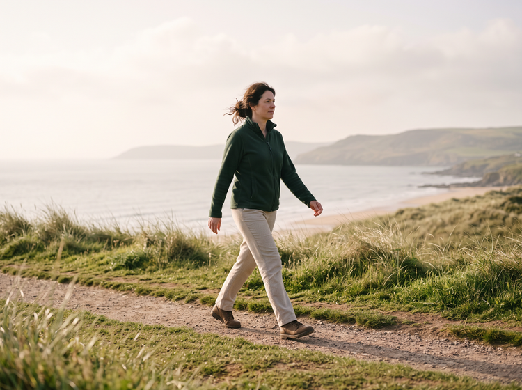 Woman walking briskly on a sunlit British coastal path