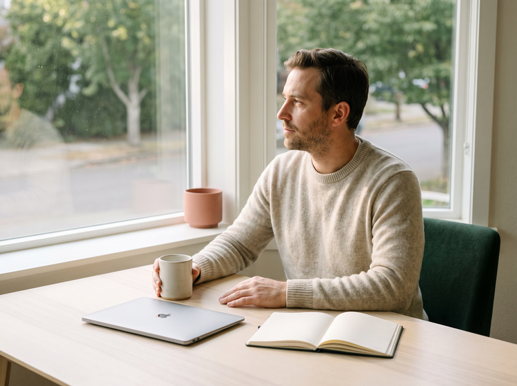 Man working calmly at a bright desk with a mug of tea