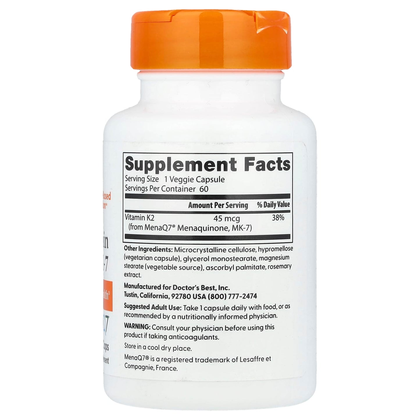 Natural Vitamin K2 MK7 with MenaQ7, 45mcg - 180 vcaps