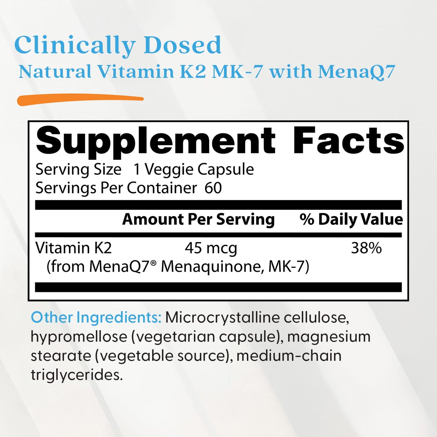Natural Vitamin K2 MK7 with MenaQ7, 45mcg - 180 vcaps