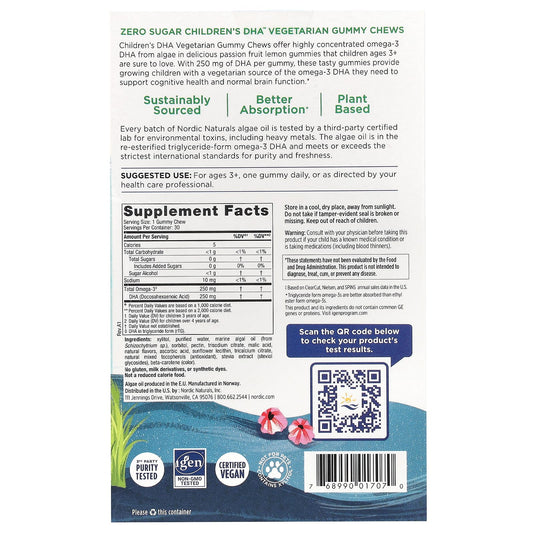 Children's DHA Vegetarian Gummy Chews, 250mg Passion Fruit Lemon - 30 gummies