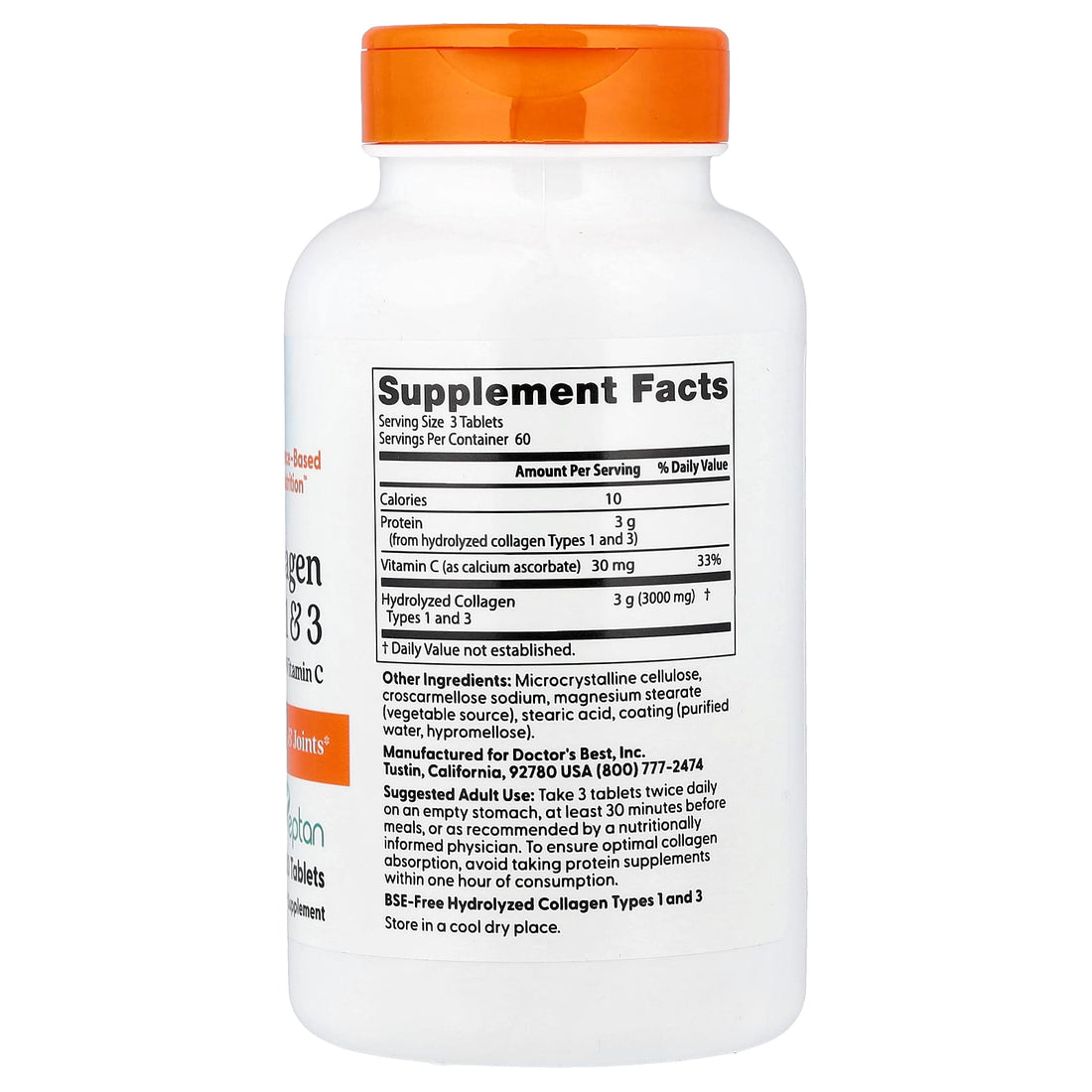 Doctor's Best Collagen Types 1 and 3 with Peptan and Vitamin C, 3000mg - 180 tabs - image 7