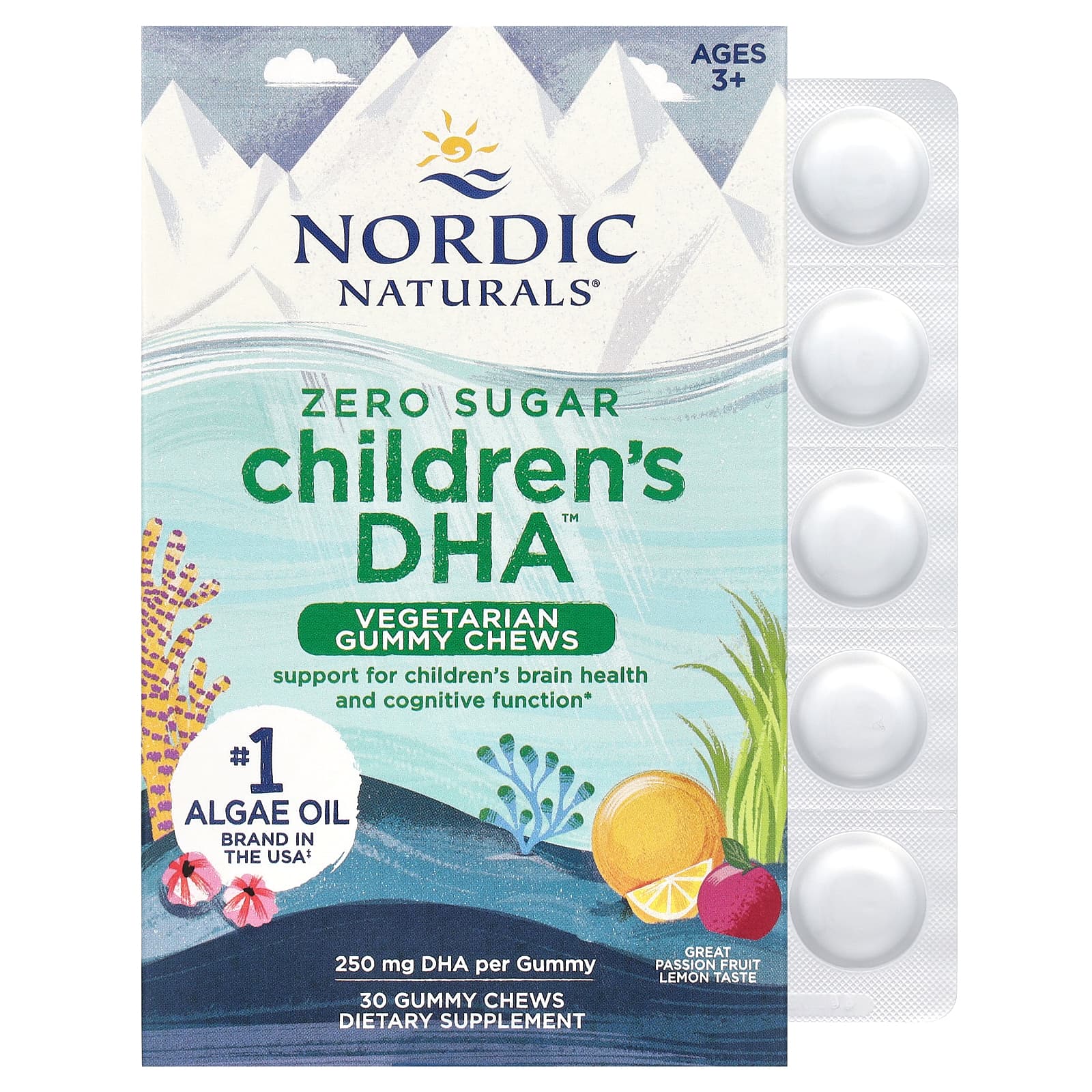 Children's DHA Vegetarian Gummy Chews, 250mg Passion Fruit Lemon - 30 gummies
