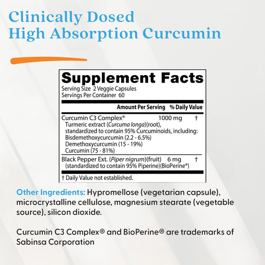 High Absorption Curcumin From Turmeric Root with C3 Complex & BioPerine, 1000mg - 120 vcaps