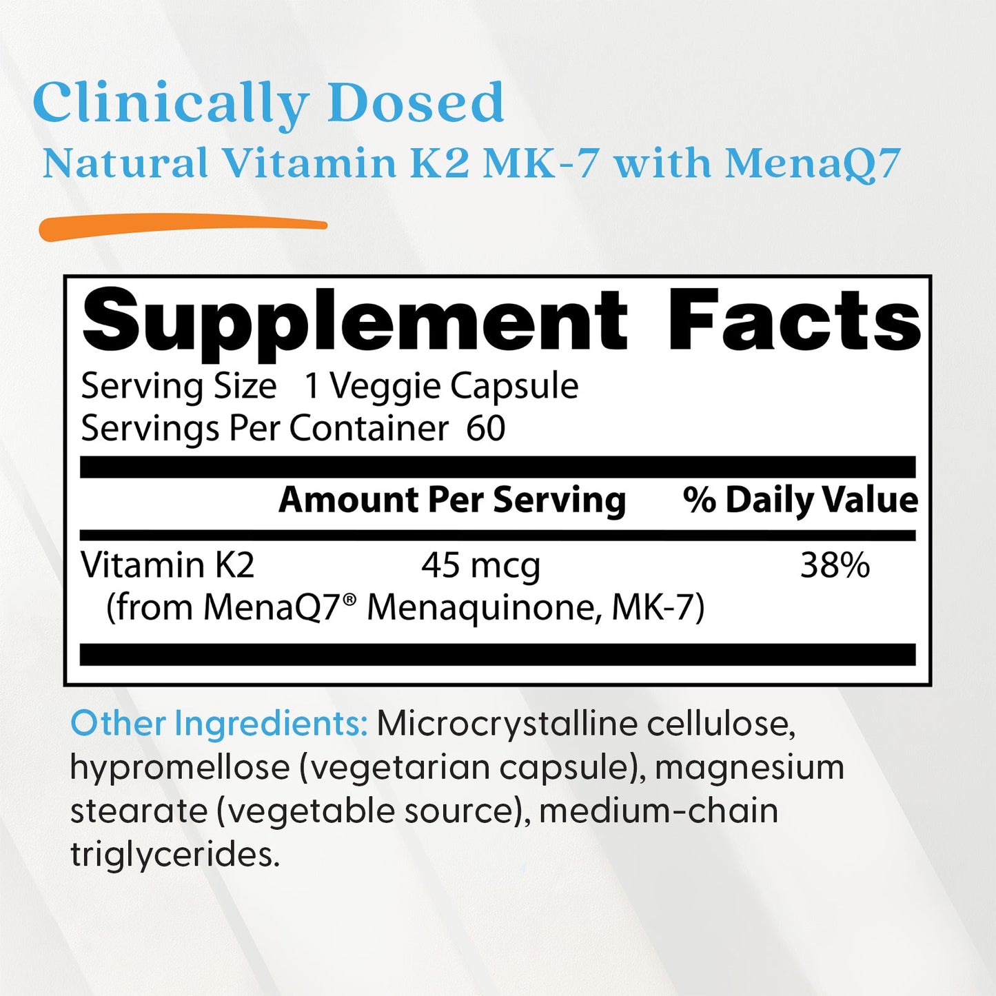 Natural Vitamin K2 MK7 with MenaQ7, 45mcg - 60 vcaps