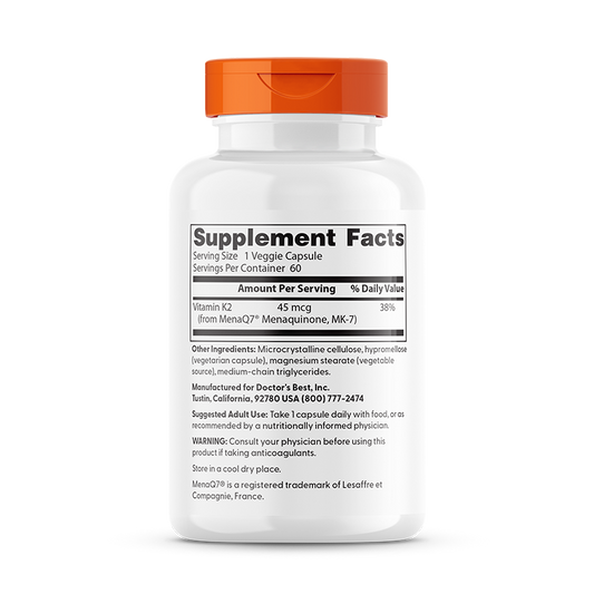 Natural Vitamin K2 MK7 with MenaQ7, 45mcg - 60 vcaps