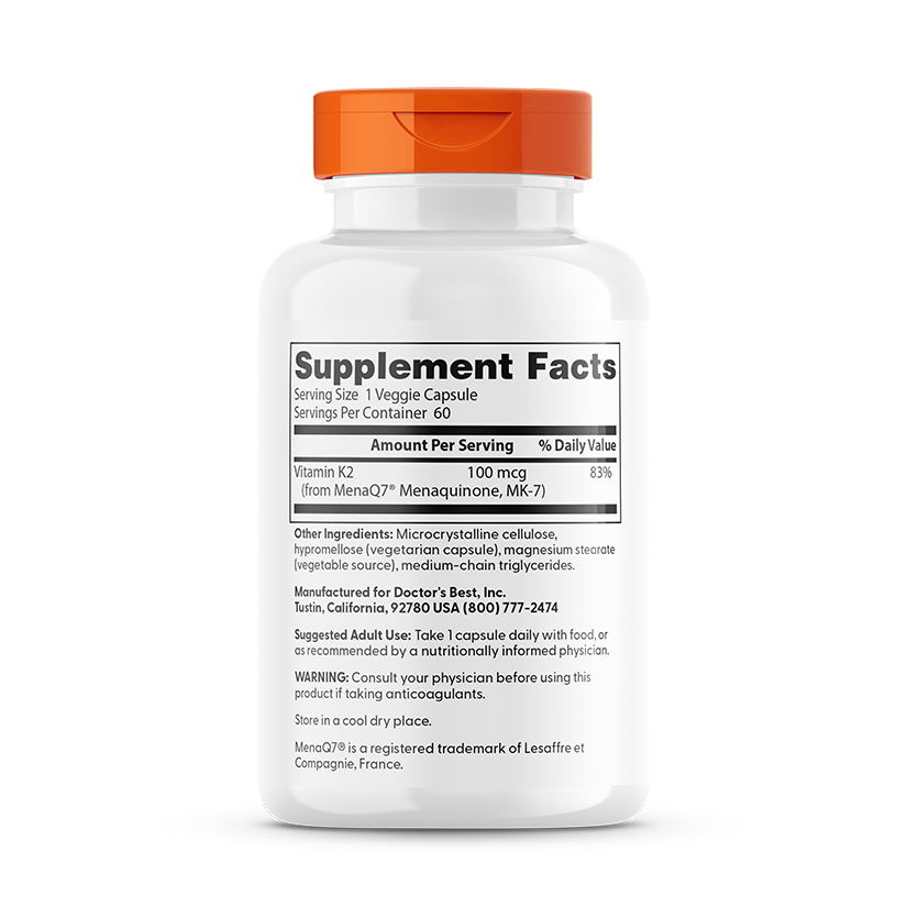 Natural Vitamin K2 MK7 with MenaQ7, 100mcg - 60 vcaps