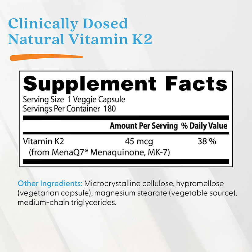 Natural Vitamin K2 MK7 with MenaQ7, 45mcg - 180 vcaps