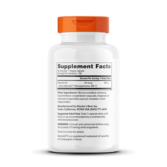 Natural Vitamin K2 MK7 with MenaQ7, 45mcg - 180 vcaps