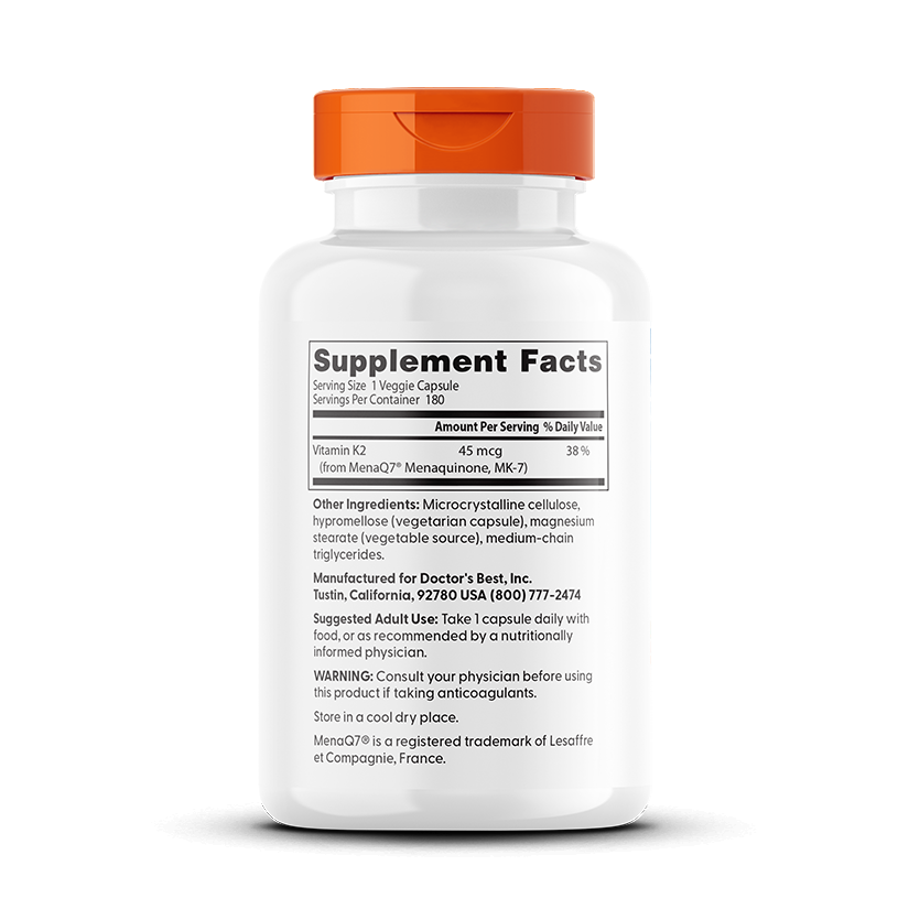 Natural Vitamin K2 MK7 with MenaQ7, 45mcg - 180 vcaps