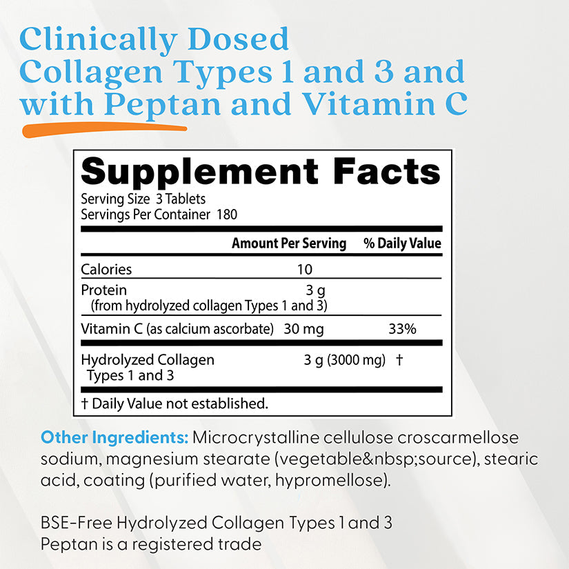 Collagen Types 1 and 3 with Peptan and Vitamin C, 3000mg - 180 tabs