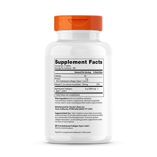 Collagen Types 1 and 3 with Peptan and Vitamin C, 3000mg - 180 tabs
