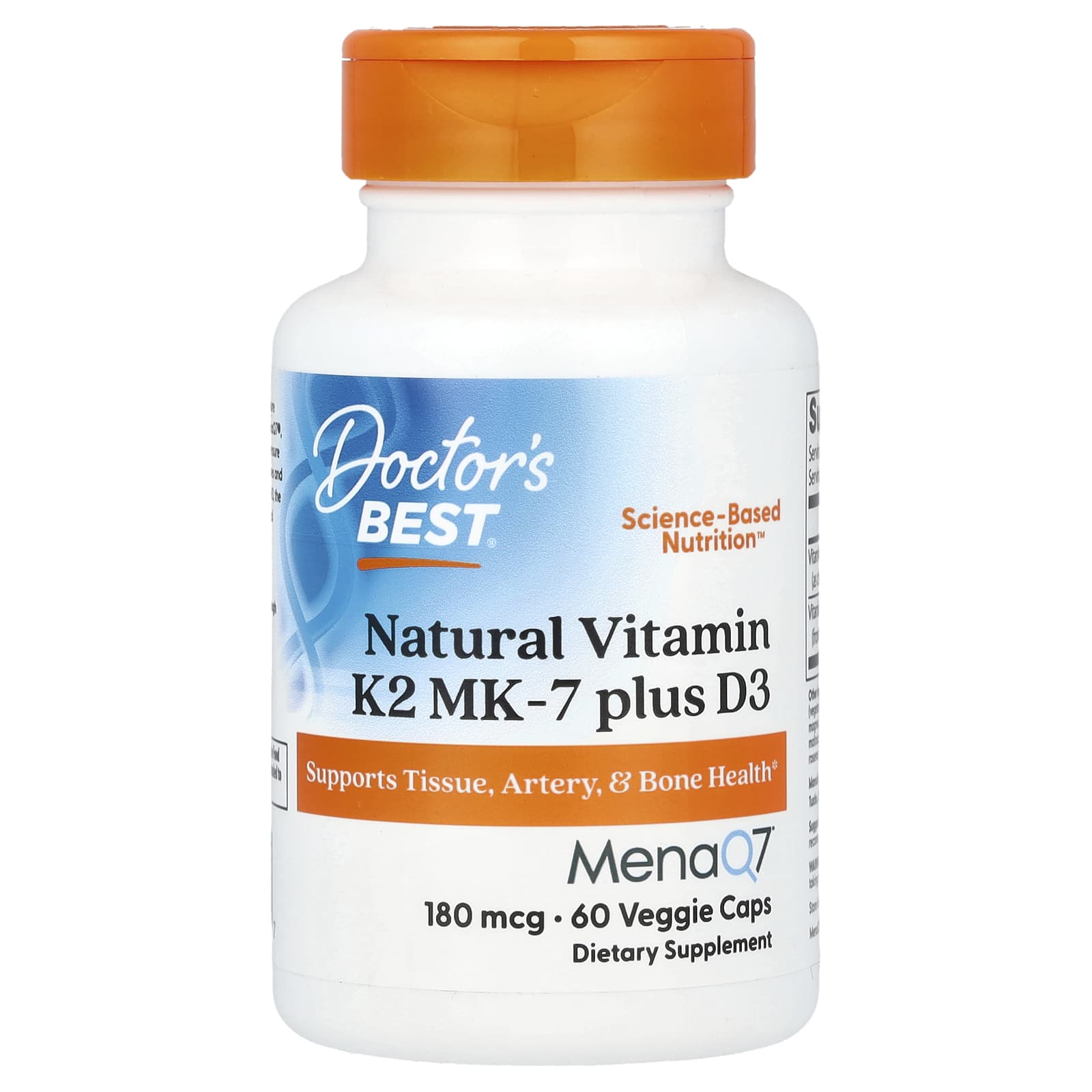 Natural Vitamin K2 MK7 with MenaQ7 plus D3, 180mcg - 60 vcaps