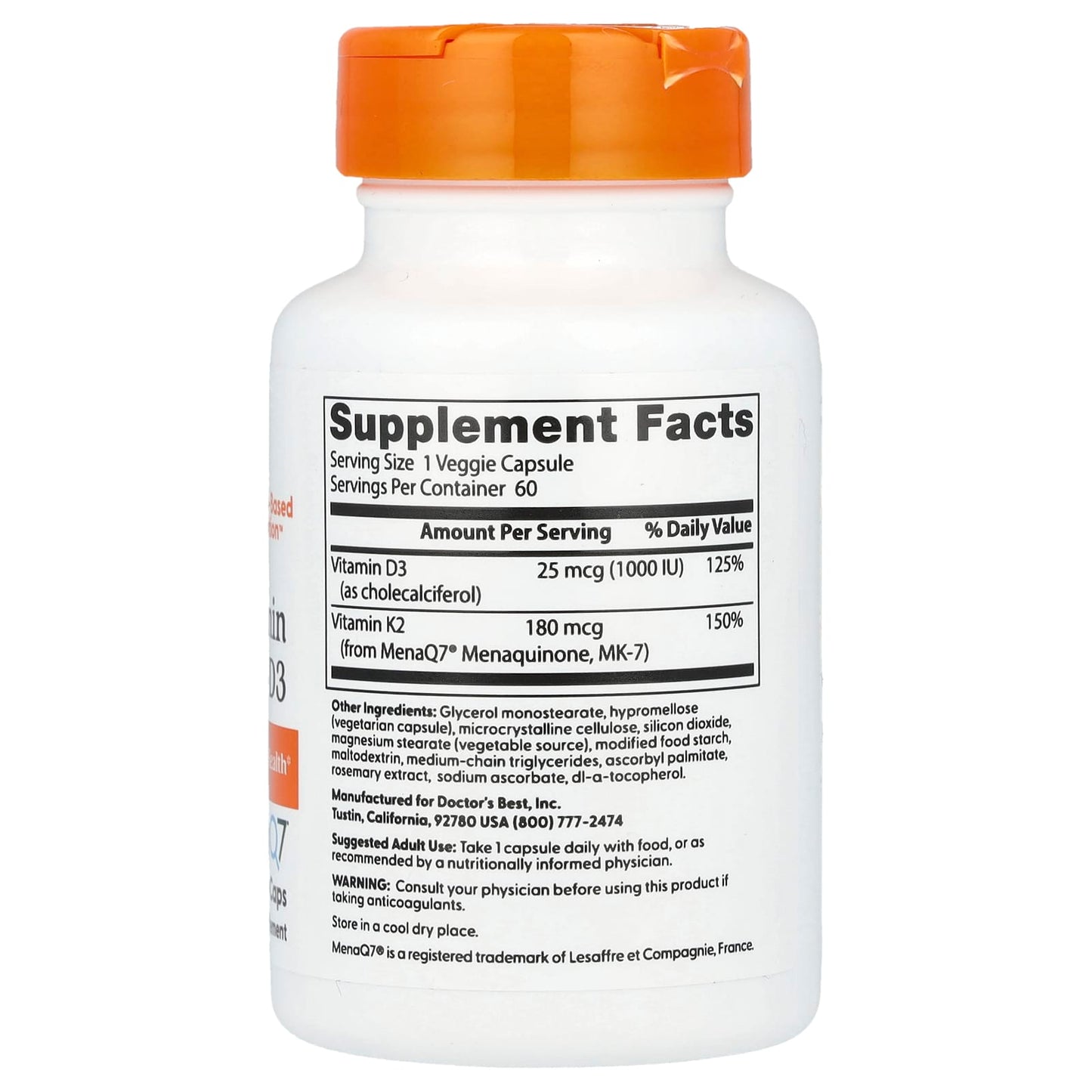 Natural Vitamin K2 MK7 with MenaQ7 plus D3, 180mcg - 60 vcaps