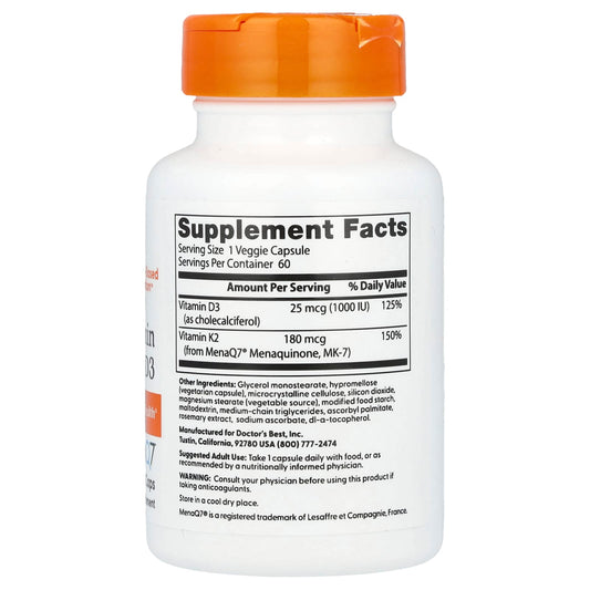 Natural Vitamin K2 MK7 with MenaQ7 plus D3, 180mcg - 60 vcaps