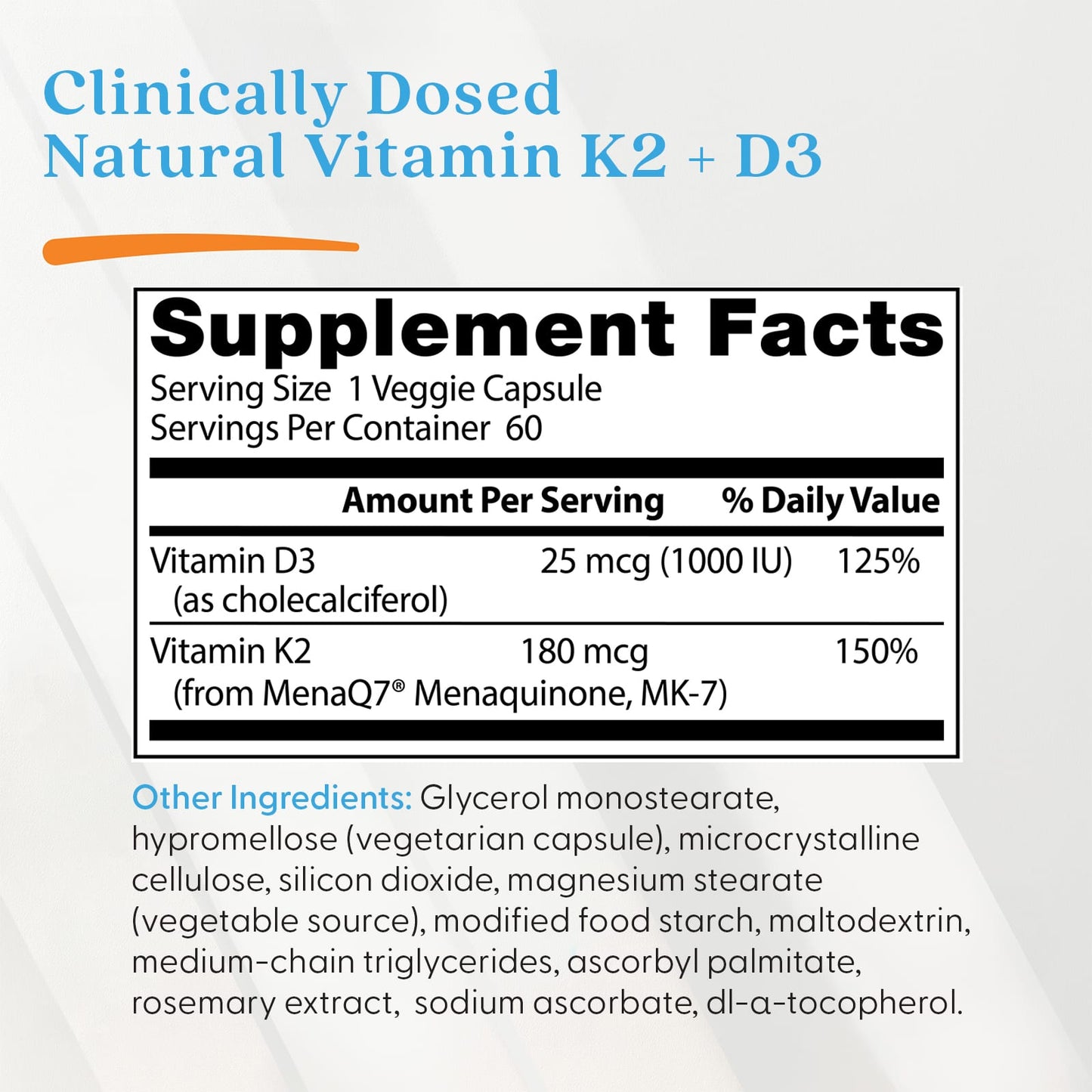 Natural Vitamin K2 MK7 with MenaQ7 plus D3, 180mcg - 60 vcaps