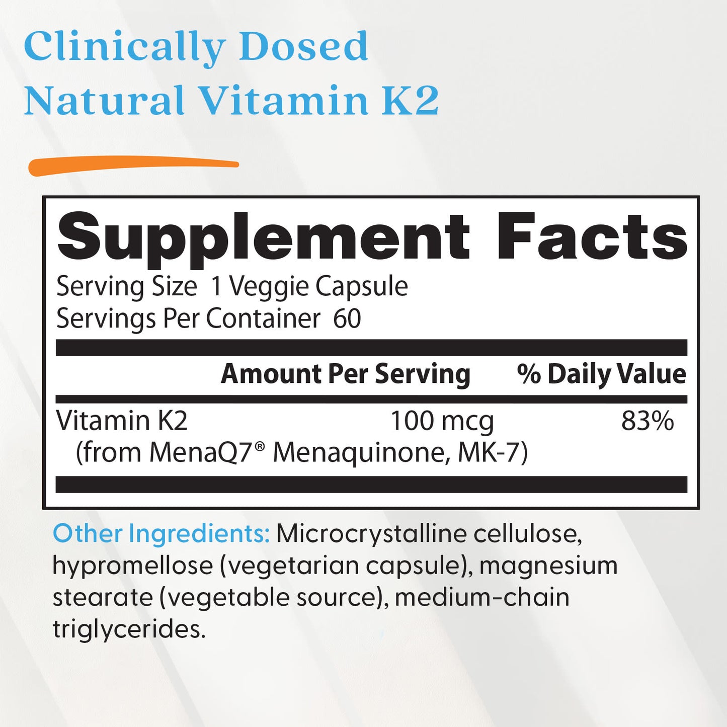 Natural Vitamin K2 MK7 with MenaQ7, 100mcg - 60 vcaps