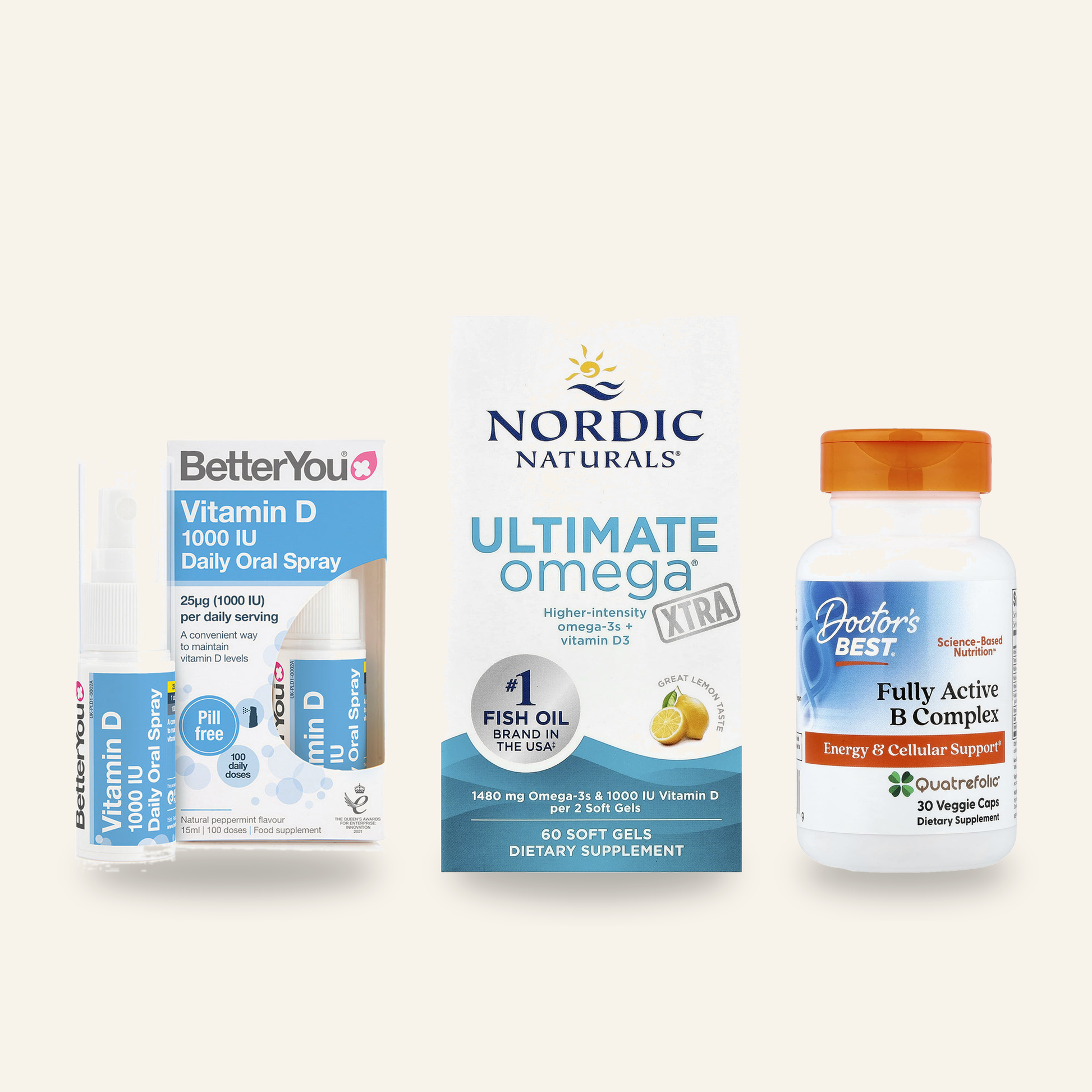 Daily Foundation Stack: BetterYou Vitamin D 1000 IU Oral Spray, Nordic Naturals Ultimate Omega Xtra and Doctors Best Fully Active B-Complex