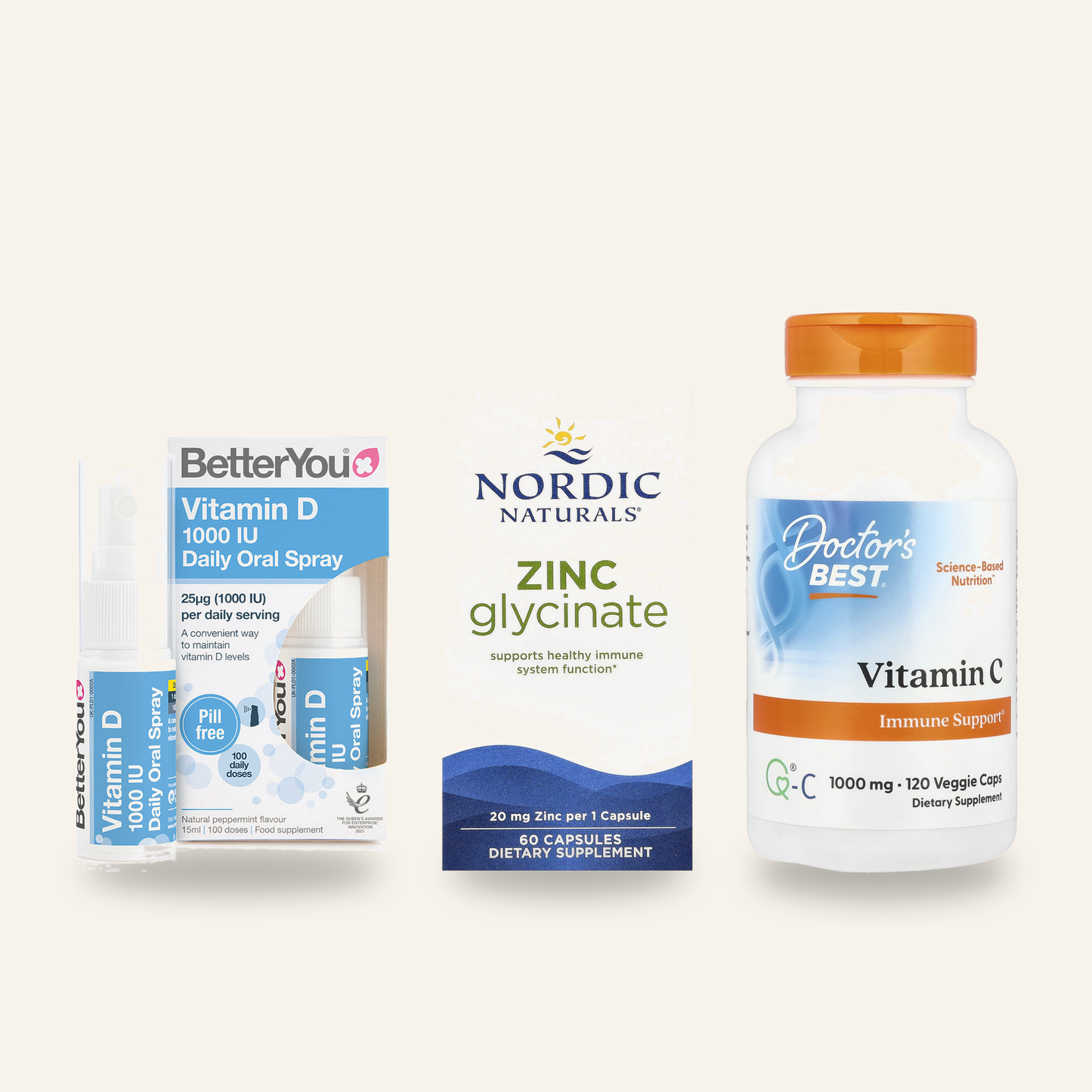 Immunity Stack: BetterYou Vitamin D 1000 IU Oral Spray, Nordic Naturals Zinc Glycinate 20mg and Doctors Best Vitamin C 1000mg