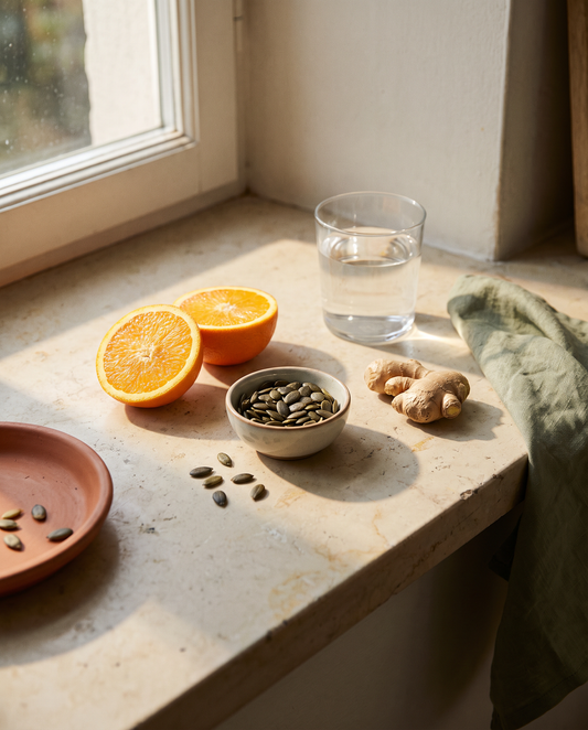 Fresh citrus, ginger and seeds representing the Immunity Stack