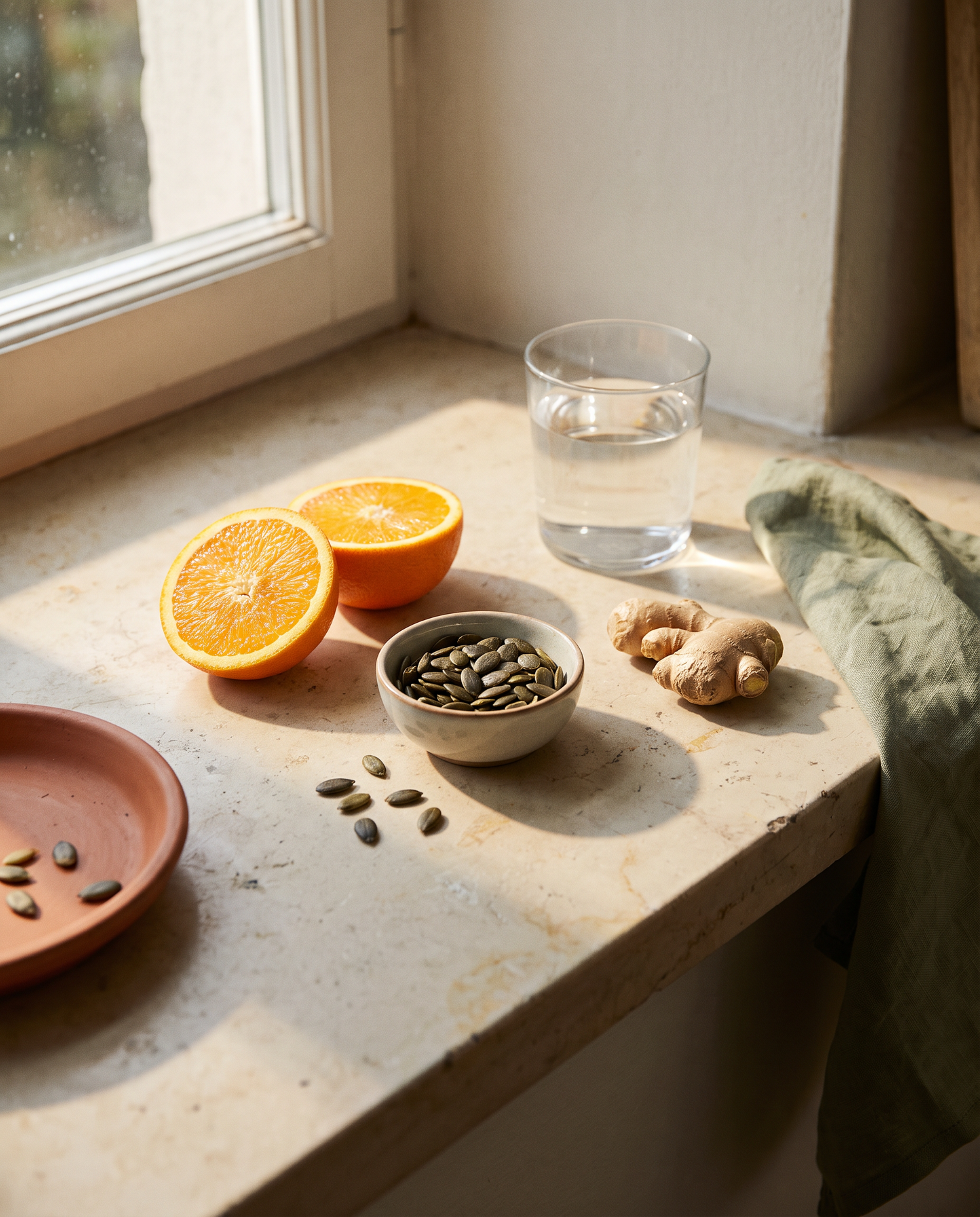 Fresh citrus, ginger and seeds representing the Immunity Stack