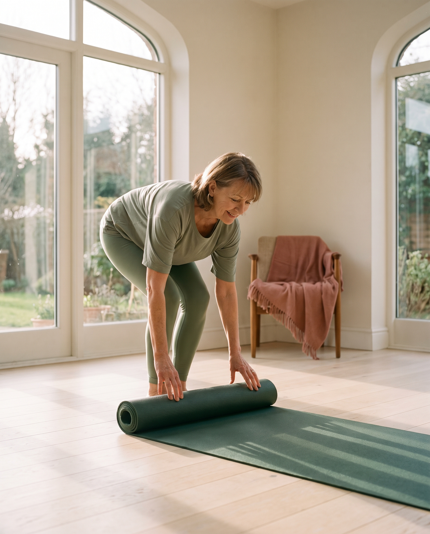 Woman rolling out a yoga mat representing the Joint and Mobility Stack