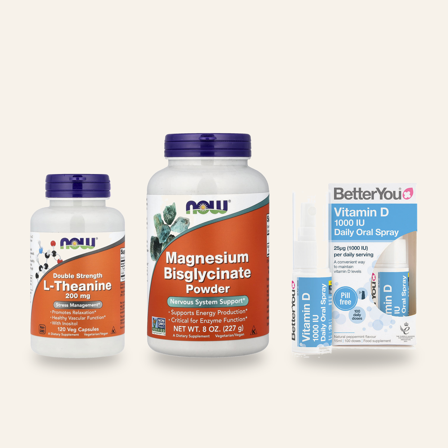 Sleep and Stress Stack: NOW Foods L-Theanine 200mg, NOW Foods Magnesium Bisglycinate Powder and BetterYou Vitamin D 1000 IU Daily Oral Spray
