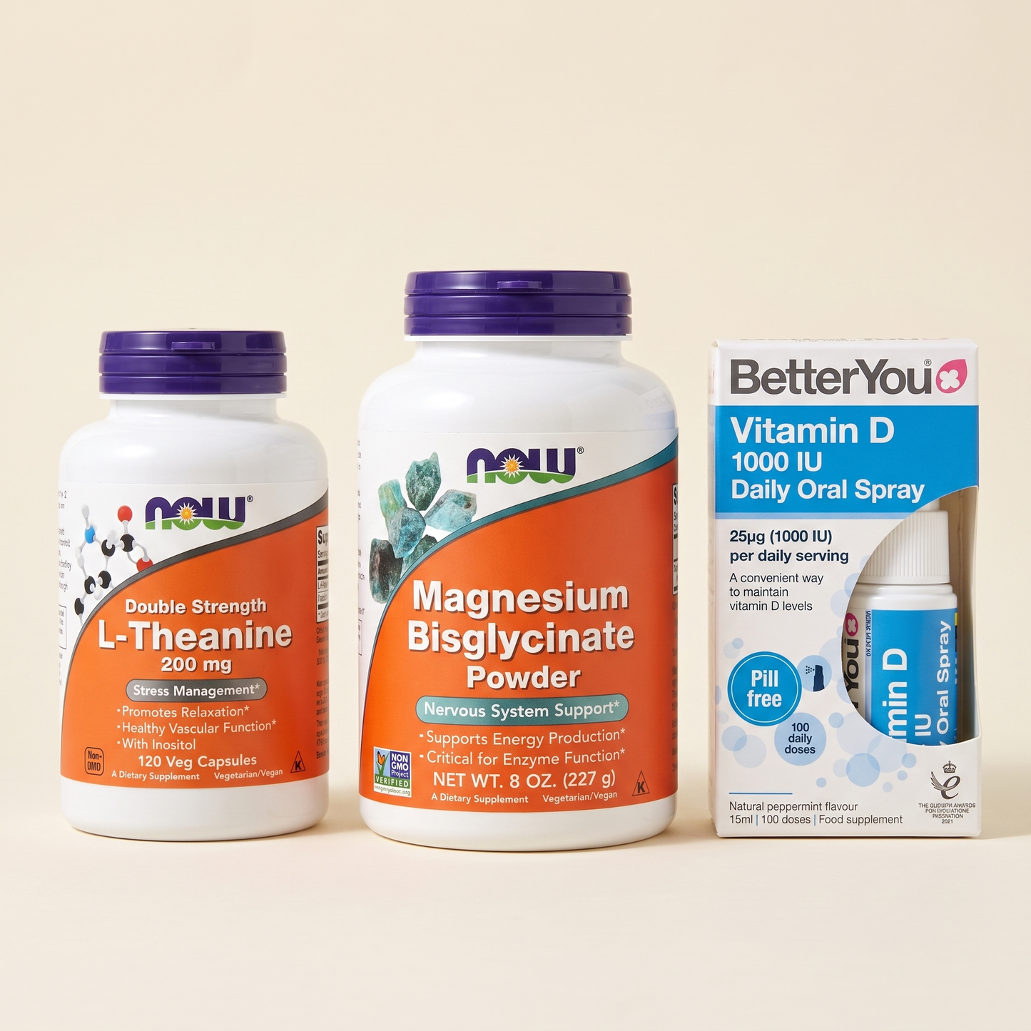 Sleep and Stress Stack: NOW L-Theanine 200mg, NOW Magnesium Bisglycinate Powder, BetterYou Vitamin D 1000 IU Oral Spray